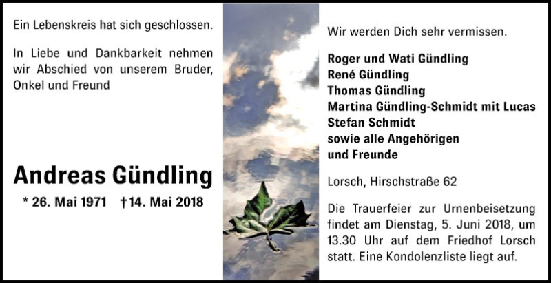  Traueranzeige für Andreas Gündling vom 01.06.2018 aus Bergsträßer Anzeiger