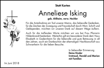 Traueranzeige von Anneliese Isking von Bergsträßer Anzeiger