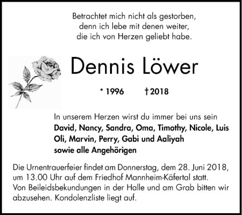  Traueranzeige für Dennis Löwer vom 26.06.2018 aus Mannheimer Morgen