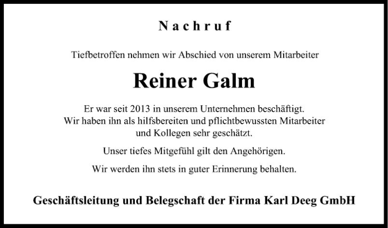  Traueranzeige für Reiner Galm vom 19.07.2018 aus Fränkische Nachrichten