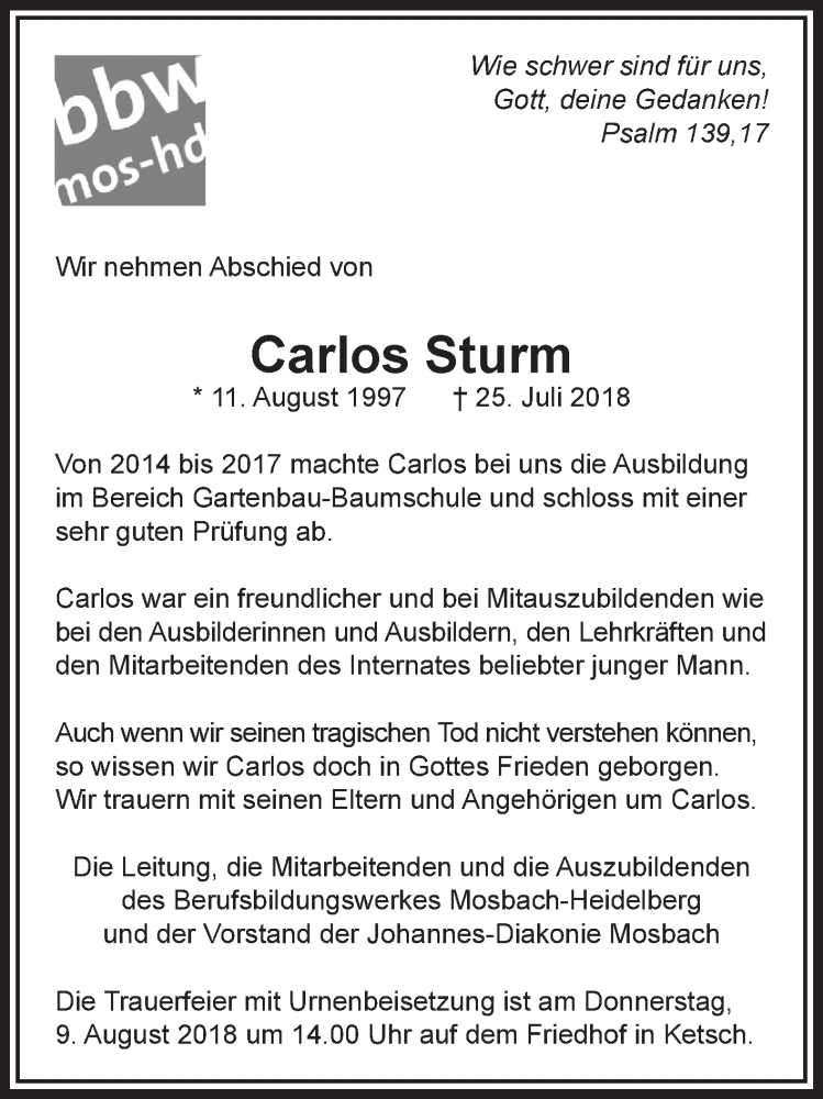  Traueranzeige für Carlos Sturm vom 08.08.2018 aus 