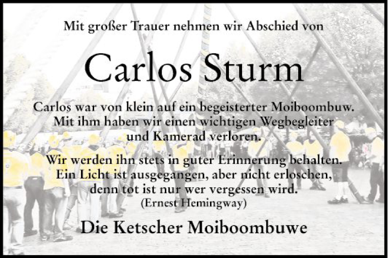  Traueranzeige für Carlos Sturm vom 08.08.2018 aus Schwetzinger Zeitung