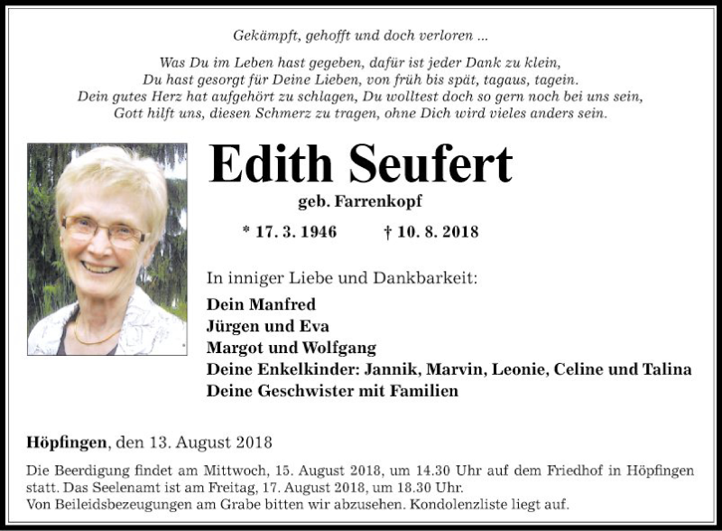  Traueranzeige für Edith Seufert vom 13.08.2018 aus Fränkische Nachrichten