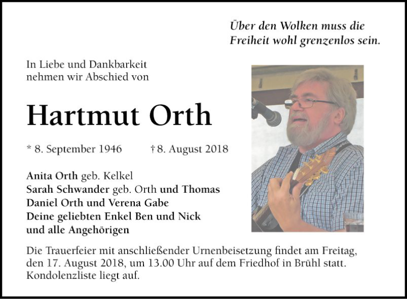  Traueranzeige für Hartmut Orth vom 11.08.2018 aus Schwetzinger Zeitung