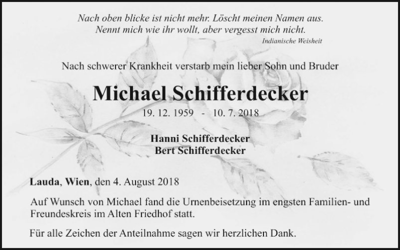  Traueranzeige für Michael Schifferdecker vom 04.08.2018 aus Fränkische Nachrichten