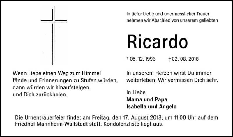  Traueranzeige für Ricardo  vom 11.08.2018 aus Mannheimer Morgen