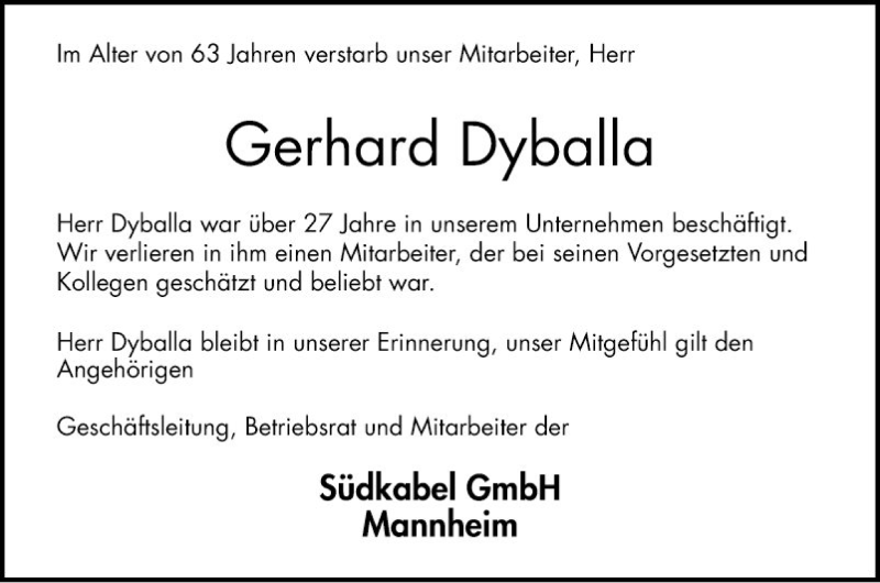  Traueranzeige für Gerhard Dyballa vom 15.09.2018 aus Mannheimer Morgen