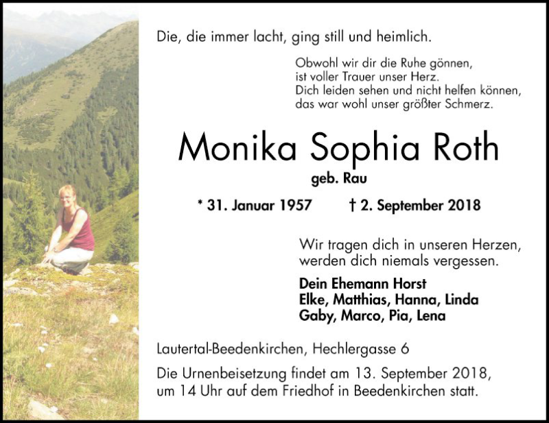  Traueranzeige für Monika Sophia Roth vom 08.09.2018 aus Bergsträßer Anzeiger