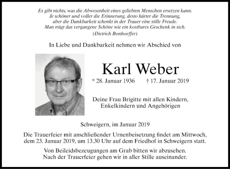  Traueranzeige für Karl Weber vom 19.01.2019 aus Fränkische Nachrichten
