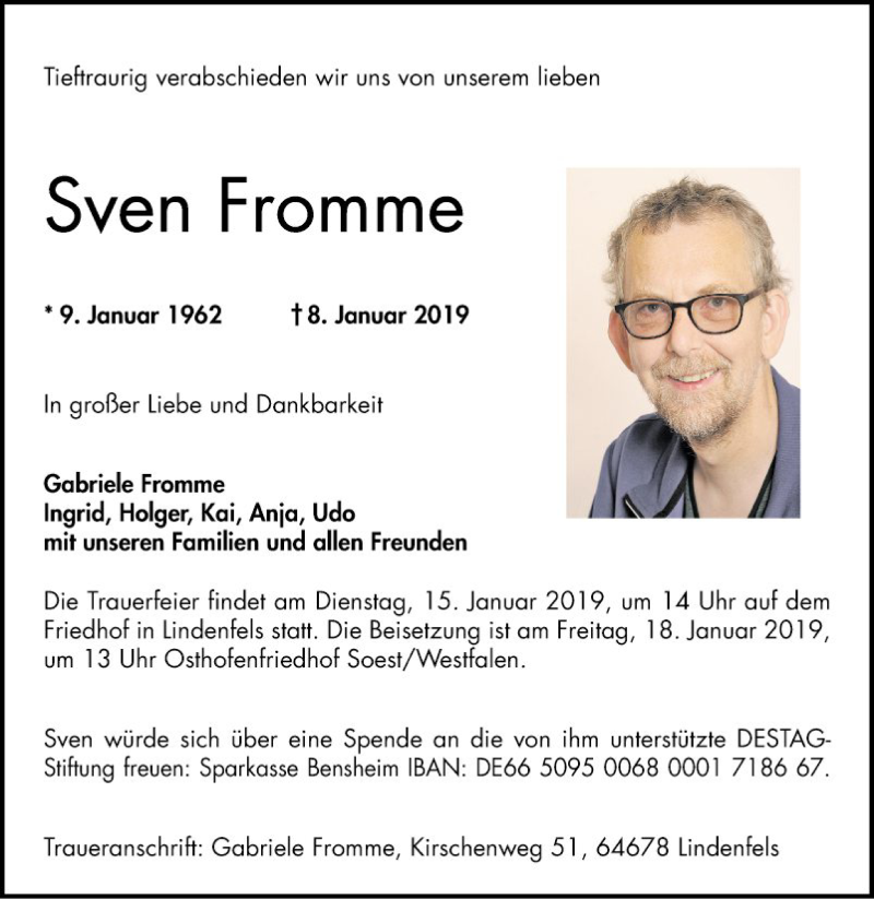  Traueranzeige für Sven Fromme vom 12.01.2019 aus Bergsträßer Anzeiger