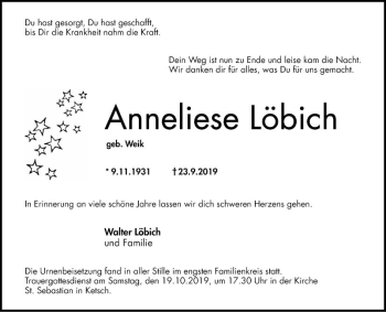Traueranzeige von Anneliese Löbich von Schwetzinger Zeitung