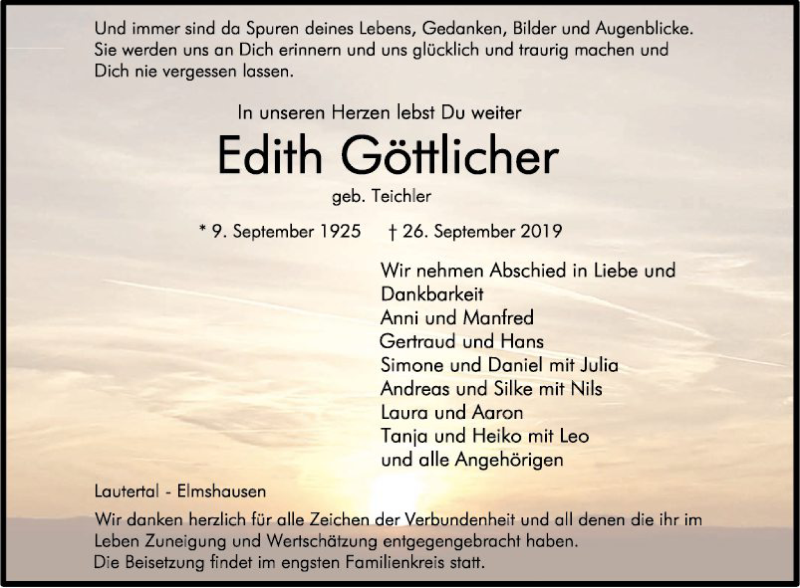  Traueranzeige für Edith Göttlicher vom 05.10.2019 aus Bergsträßer Anzeiger