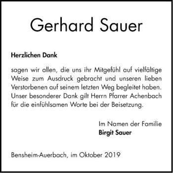 Traueranzeige von Gerhard Sauer von Bergsträßer Anzeiger
