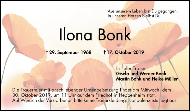  Traueranzeige für Ilona Bonk vom 26.10.2019 aus Bergsträßer Anzeiger