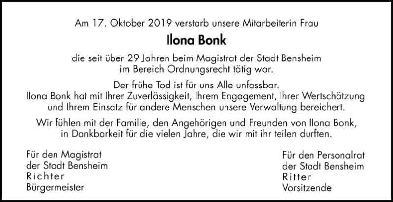  Traueranzeige für Ilona Bonk vom 26.10.2019 aus Bergsträßer Anzeiger