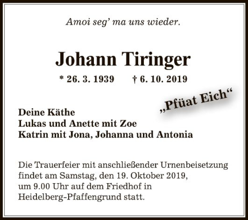  Traueranzeige für Johann Tiringer vom 12.10.2019 aus Schwetzinger Zeitung