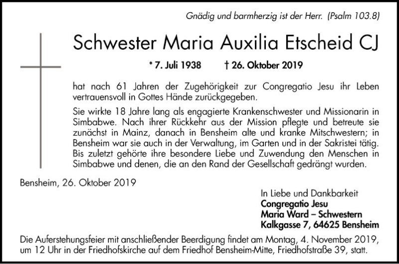  Traueranzeige für Maria Auxilia Etscheid vom 31.10.2019 aus Bergsträßer Anzeiger
