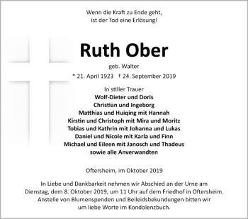 Traueranzeige von Ruth Ober von Schwetzinger Zeitung