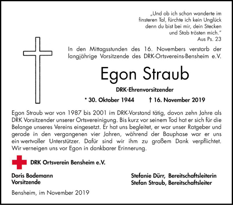  Traueranzeige für Egon Straub vom 23.11.2019 aus Bergsträßer Anzeiger