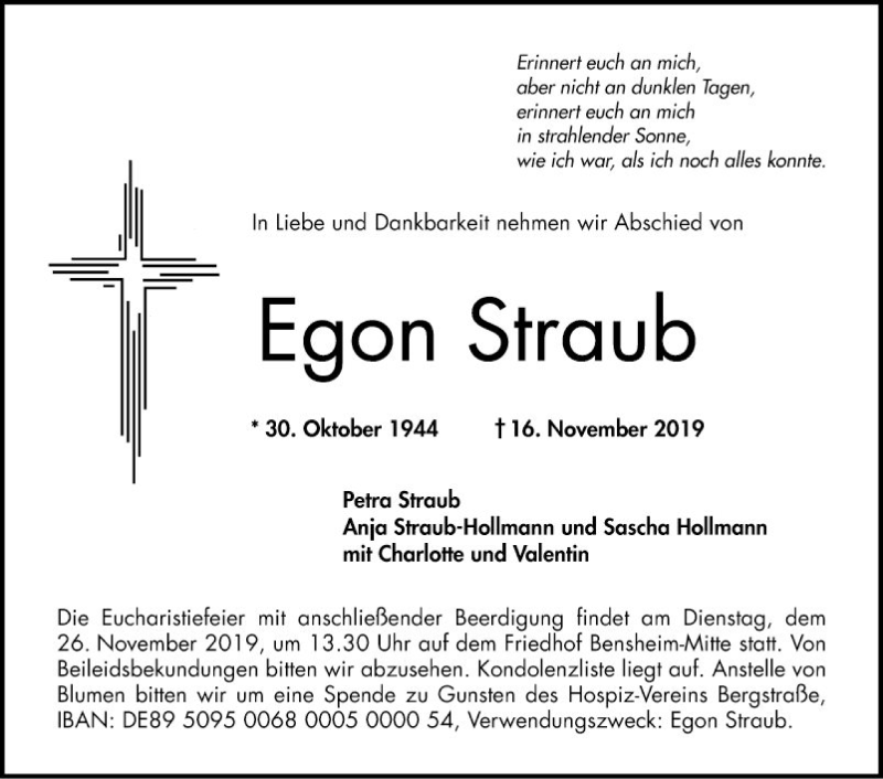  Traueranzeige für Egon Straub vom 21.11.2019 aus Bergsträßer Anzeiger