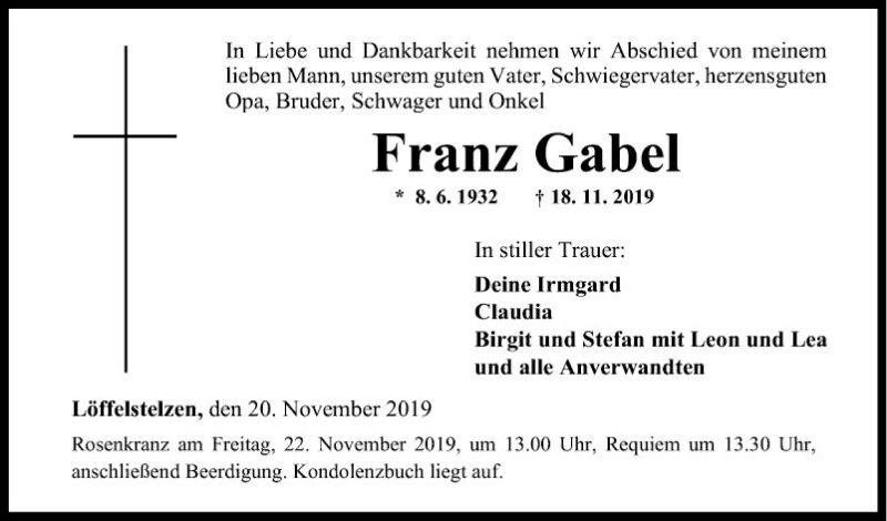  Traueranzeige für Franz Gabel vom 20.11.2019 aus Fränkische Nachrichten