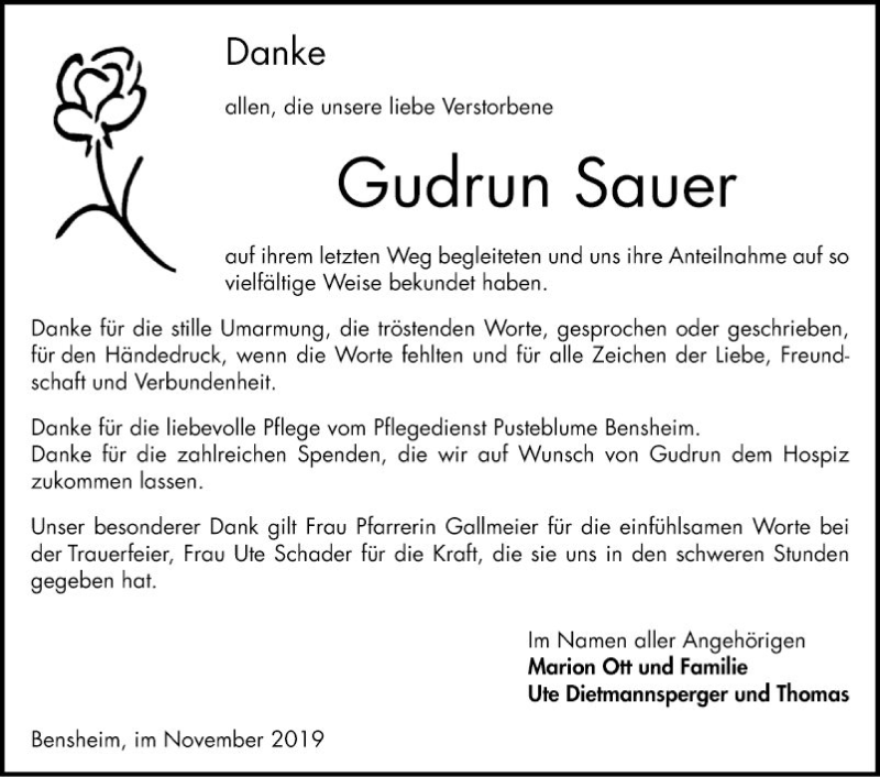  Traueranzeige für Gudrun Sauer vom 23.11.2019 aus Bergsträßer Anzeiger