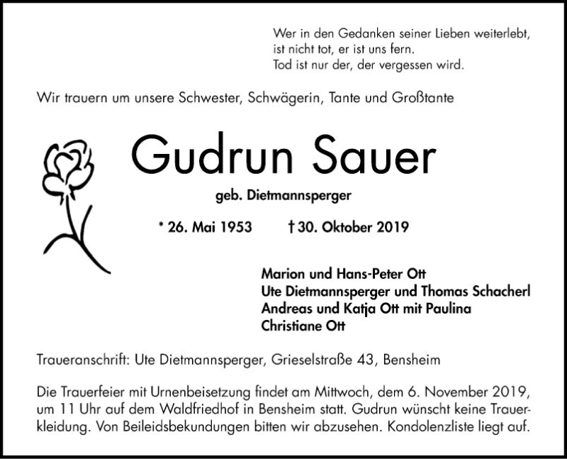  Traueranzeige für Gudrun Sauer vom 02.11.2019 aus Bergsträßer Anzeiger