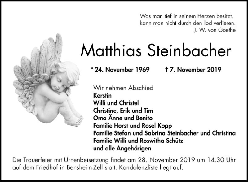  Traueranzeige für Matthias Steinbacher vom 23.11.2019 aus Bergsträßer Anzeiger