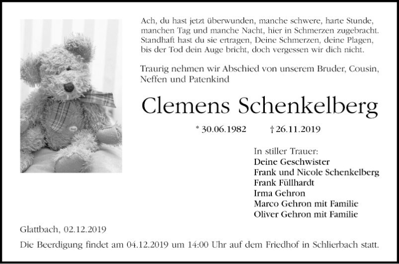  Traueranzeige für Clemens Schenkelberg vom 02.12.2019 aus Bergsträßer Anzeiger