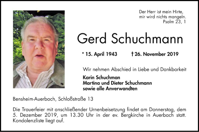  Traueranzeige für Gerd Schuchmann vom 30.11.2019 aus Bergsträßer Anzeiger