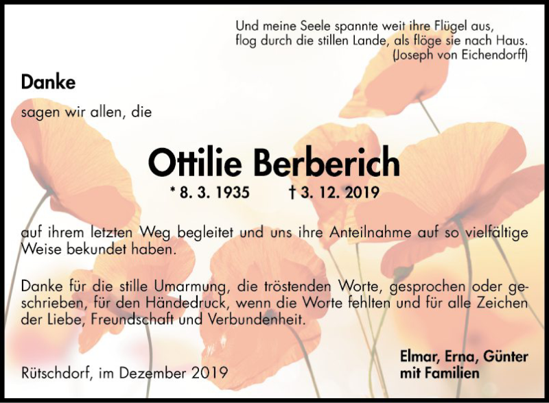 Traueranzeige für Ottilie Berberich vom 21.12.2019 aus Fränkische Nachrichten