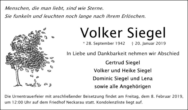  Traueranzeige für Volker Siegel vom 02.02.2019 aus Mannheimer Morgen
