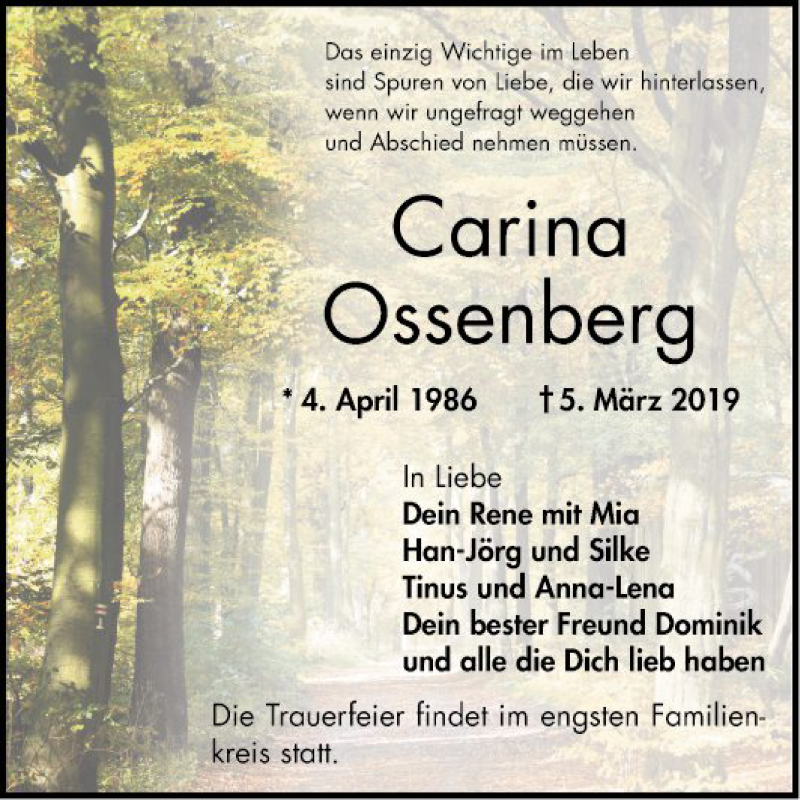  Traueranzeige für Carina Ossenberg vom 16.03.2019 aus Bergsträßer Anzeiger