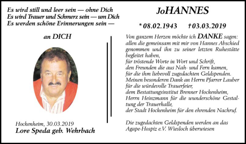  Traueranzeige für Johannes Speda vom 30.03.2019 aus Schwetzinger Zeitung