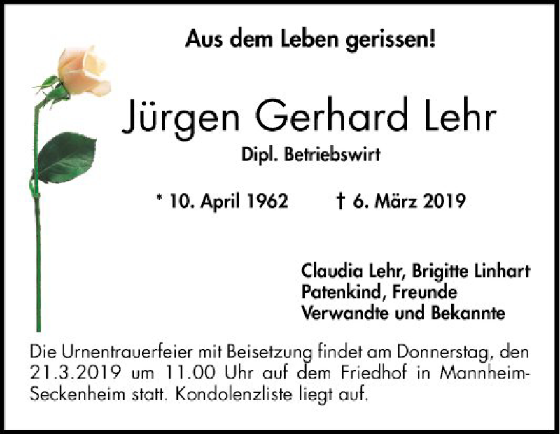  Traueranzeige für Jürgen Gerhard Lehr vom 16.03.2019 aus Mannheimer Morgen