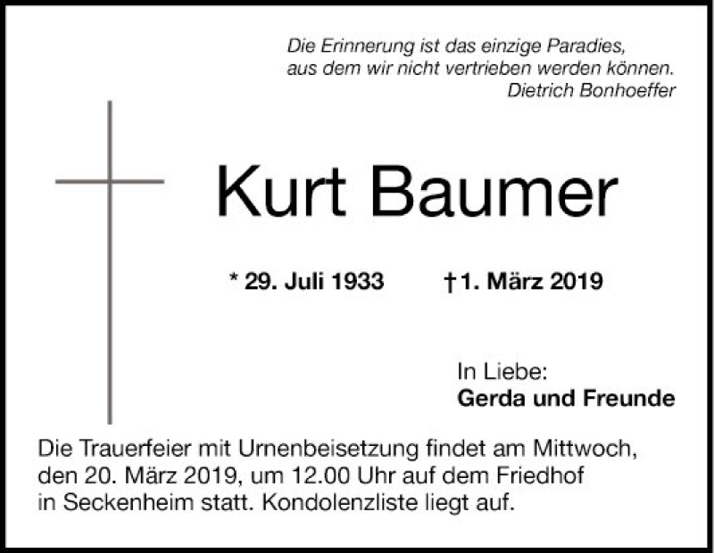  Traueranzeige für Kurt Baumer vom 16.03.2019 aus Mannheimer Morgen