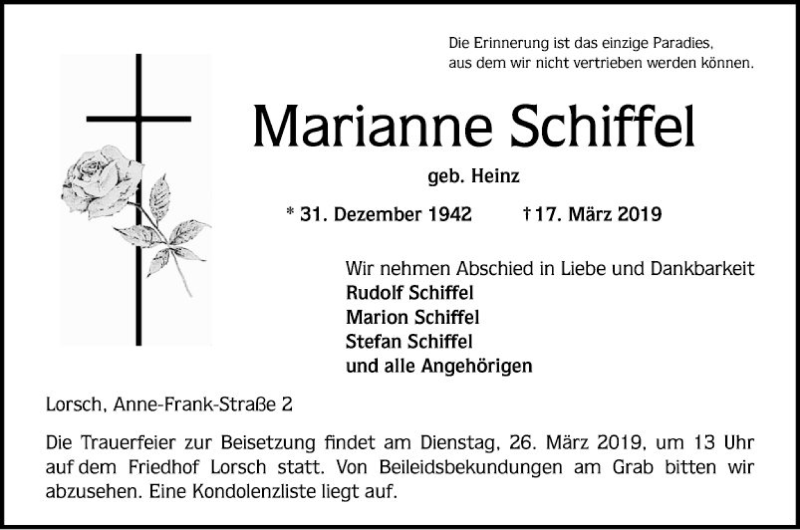  Traueranzeige für Marianne Schiffel vom 21.03.2019 aus Bergsträßer Anzeiger