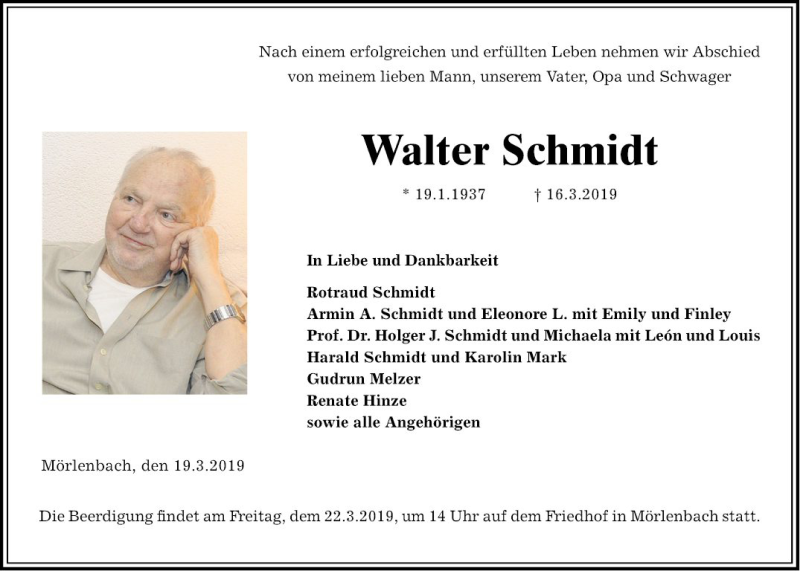  Traueranzeige für Walter Schmidt vom 19.03.2019 aus Mannheimer Morgen