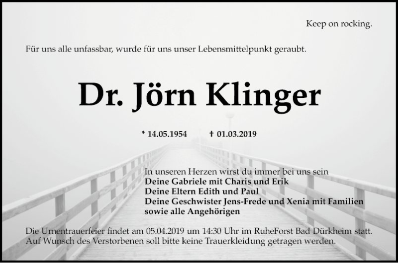  Traueranzeige für Jörn Klinger vom 02.04.2019 aus Mannheimer Morgen