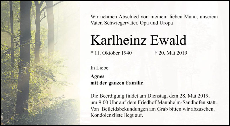  Traueranzeige für Karlheinz Ewald vom 25.05.2019 aus Mannheimer Morgen