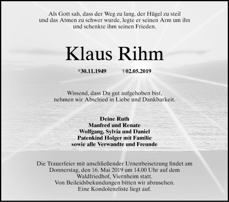  Traueranzeige für Klaus Rihm vom 13.05.2019 aus Mannheimer Morgen