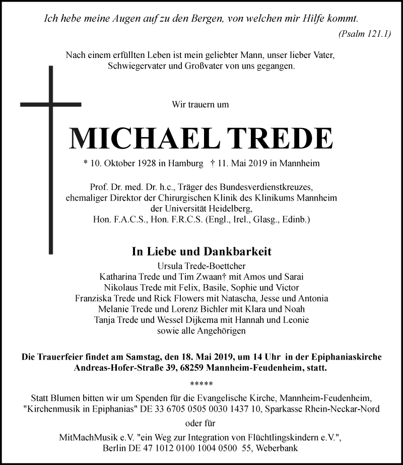  Traueranzeige für Michael Trede vom 14.05.2019 aus Mannheimer Morgen