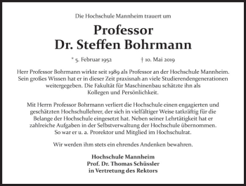 Traueranzeige von Steffen Bohrmann von Mannheimer Morgen