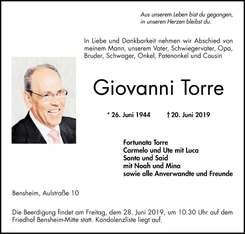  Traueranzeige für Giovanni Torre vom 25.06.2019 aus Bergsträßer Anzeiger