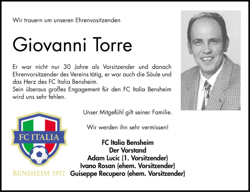  Traueranzeige für Giovanni Torre vom 27.06.2019 aus Bergsträßer Anzeiger