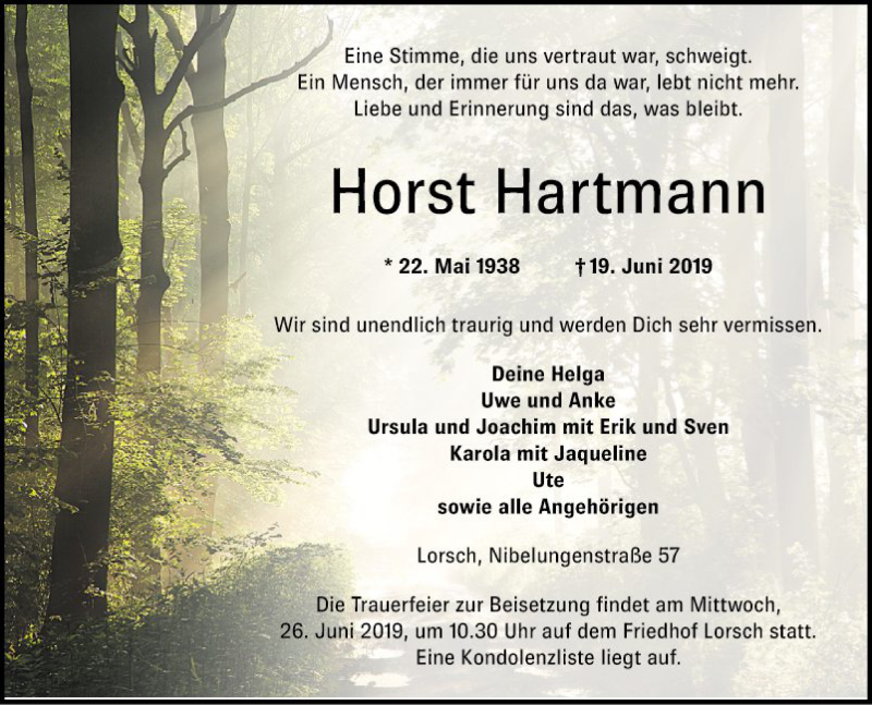  Traueranzeige für Horst Hartmann vom 22.06.2019 aus Bergsträßer Anzeiger