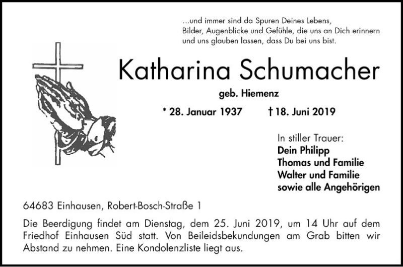  Traueranzeige für Katharina Schumacher vom 22.06.2019 aus Bergsträßer Anzeiger