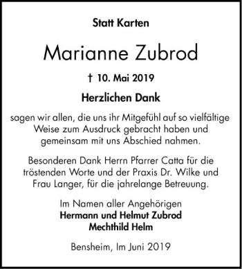 Traueranzeige von Marianne Zubrod von Bergsträßer Anzeiger