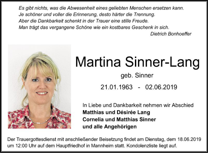  Traueranzeige für Martina Sinner-Lang vom 08.06.2019 aus Fränkische Nachrichten