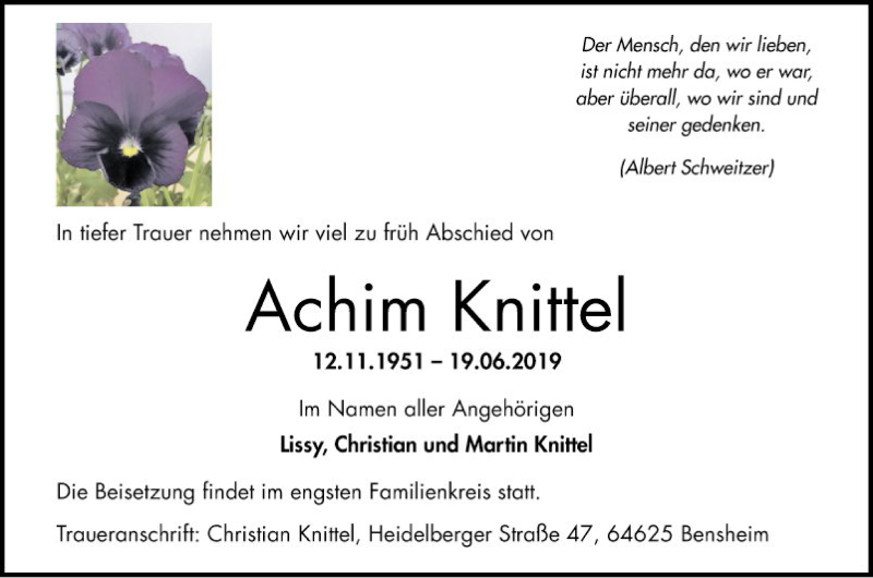  Traueranzeige für Achim Knittel vom 06.07.2019 aus Bergsträßer Anzeiger